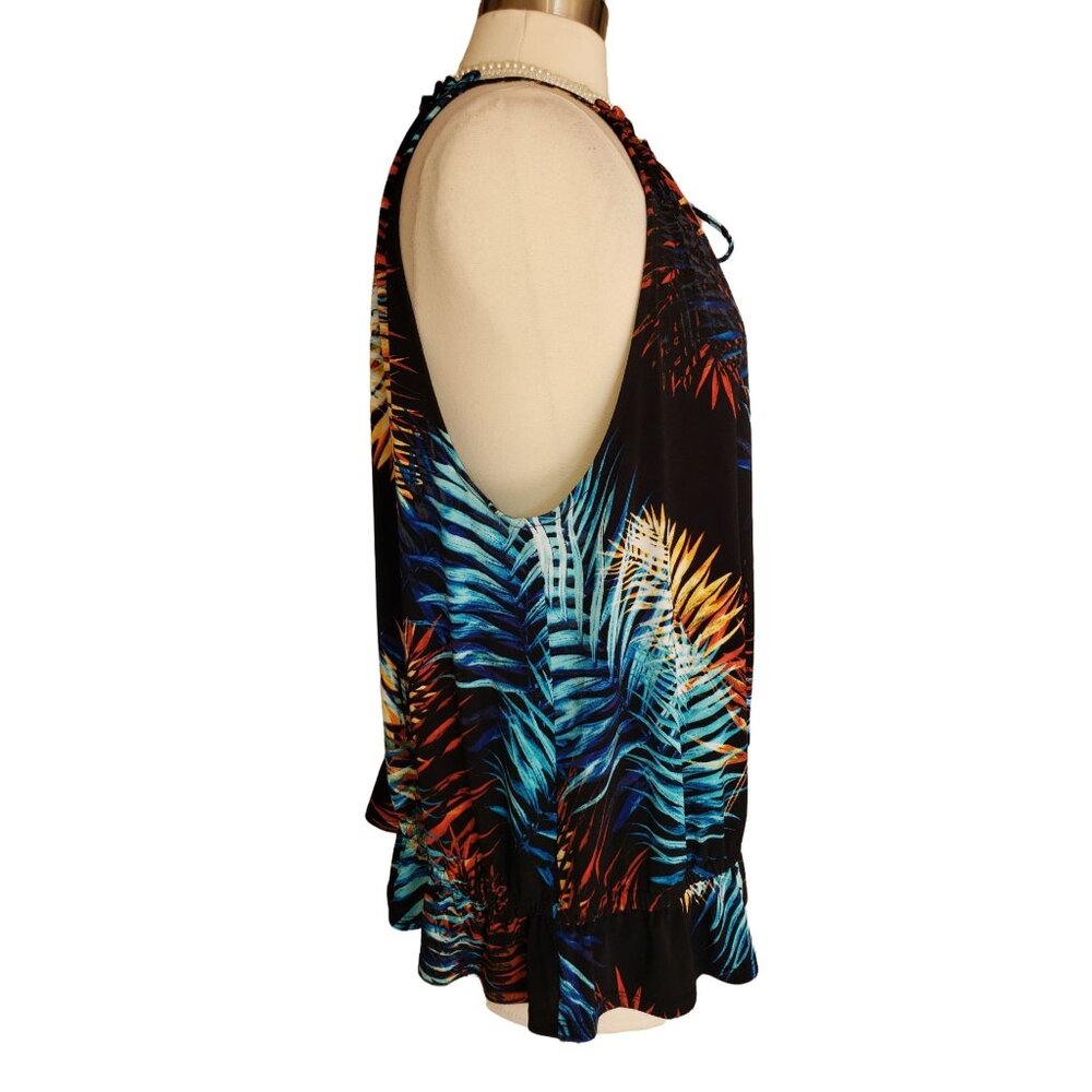 Worthington Womens XL Sleeveless Blouse Tropical Print Halter Ruffle Tank Boho - Picture 6 of 9
